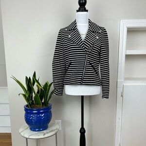 Black White Striped Moto Style Cropped Blazer Asymmetrical Jacket